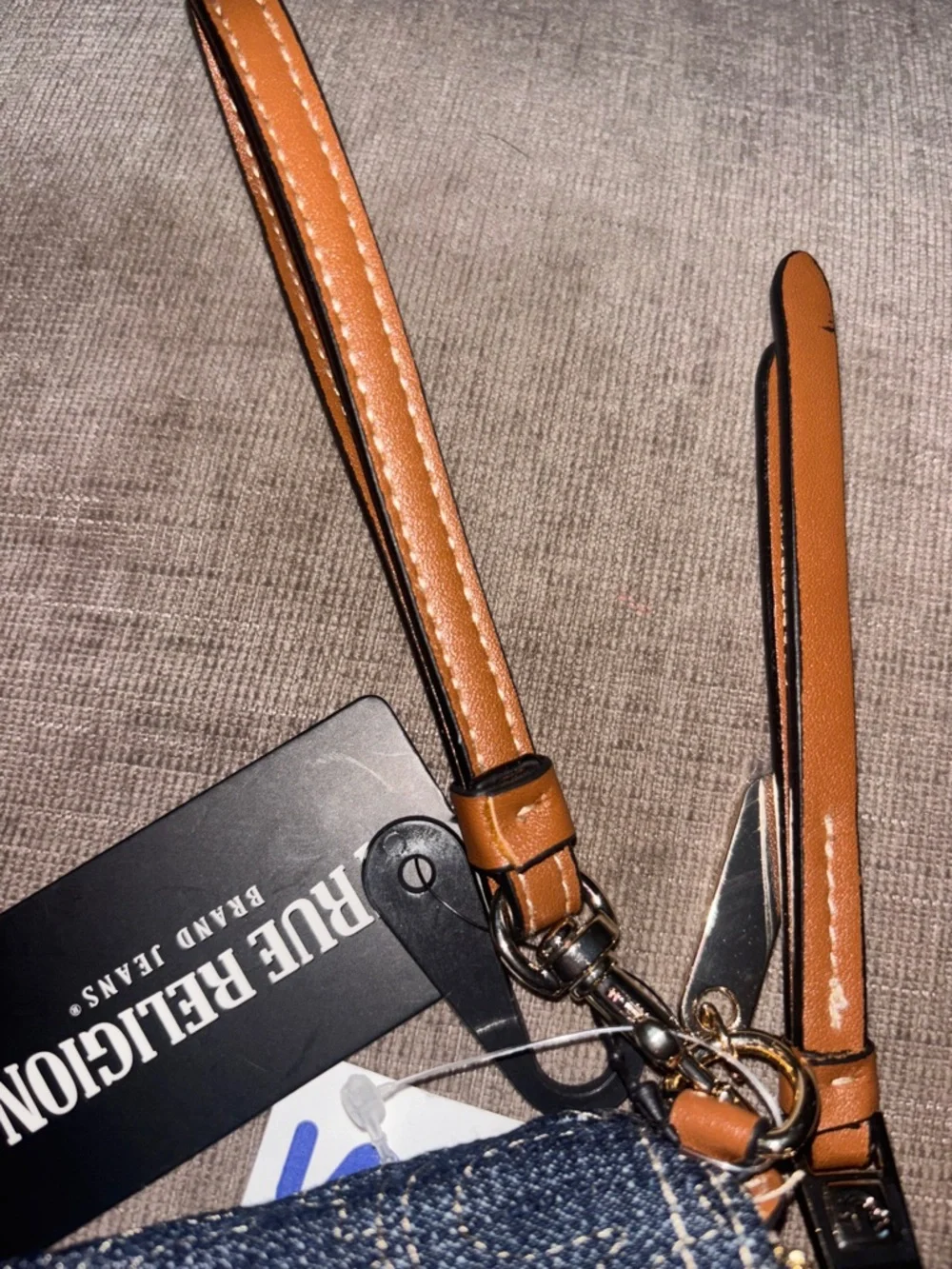 True Religion Navy Denim and Tan Leather Wristlet